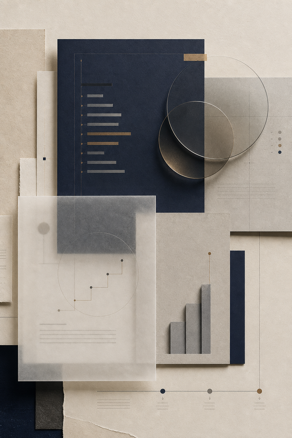 Composição editorial abstrata com páginas de proposta, camadas de percepção e sinais visuais de valor ao longo da jornada comercial